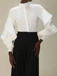 Olivia Mark - Fashionable Ruffle Sleeve Mock Neck Blouse White Ruffle Sleeve Top, Mock Neck Shirt, Ruffle Sleeve Top, Mock Neck Blouse, Ruffled Sleeve Top, Olivia Mark, Neck Shirt, Dance Wear, Shirt Outfit