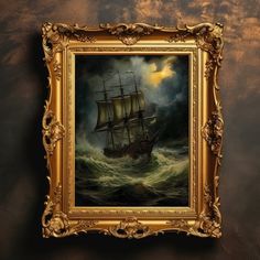 an oil painting of a ship in rough seas under a full moonlit sky with clouds