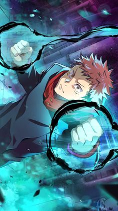 an anime character with red hair holding a magnifying glass in front of his face