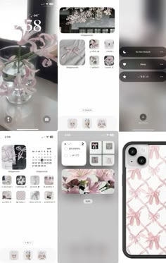 several different screens with flowers in vases and pictures on the screen, including an iphone