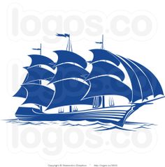 an old sailing ship with blue sails on the water, in front of a white background