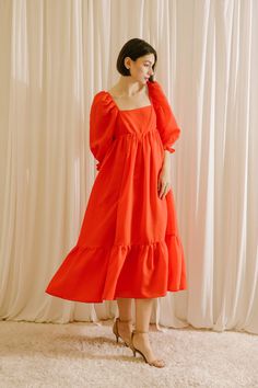 Be the life of the party in the Iza Red Midi Dress! It's the perfect style for making a chic statement this Holiday, with a square neckline, 3/4 puffy sleeves, gathered waist, and ruffled hem. Zip up and be the star of the show. Material:Polyester Flowy Dress Puffy Sleeves, Puffy Sleeves Dress, Puffy Sleeve Dress, Orange Bridesmaid Dresses, Modest Clothes, Sunday Dress, Red Midi, Life Of The Party, Dress Inspo