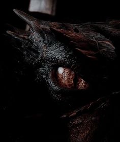 a close up of a dragon's face with its eyes wide open in the dark