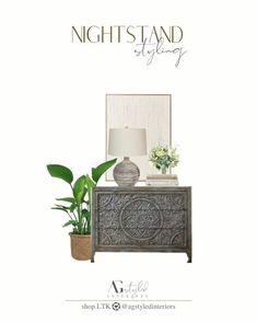 an advertisement for a night stand with plants and a lamp on the end table in front of it