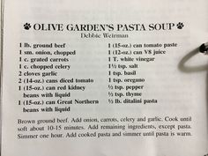 the recipe for olive garden's pasta soup is displayed on a piece of paper