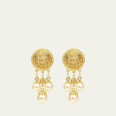 Ben-Amun clip earrings. 24-karat gold electroplating. Pearly white glass dangles. Approx. 2.5"L x 1.25"W. Clip-on backs. Made in USA. Elegant Drop Clip-on Earrings With Latkans, Elegant Clip-on Earrings With Latkans, White Gold Plated Chandelier Earrings, Gold Clip-on Bridal Drop Earrings, Gold Plated Clip-on Pearl Drop Earrings, Gold Drop Clip-on Earrings With Latkans, Gold-plated Drop Pearl Earrings, Clip-on, Gold Dangle Clip-on Earrings With Latkans, White Gold-plated Drop Earrings