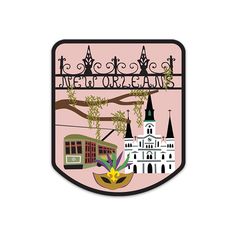 a pink and black badge with an image of a building on it's side