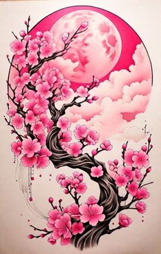 a painting with pink flowers on it and a full moon in the sky behind it