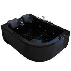 a black bath tub with two jets on the bottom and one in the middle, is shown