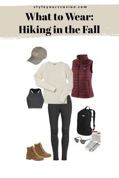 a woman's outfit and hat with the words what to wear hiking in the fall