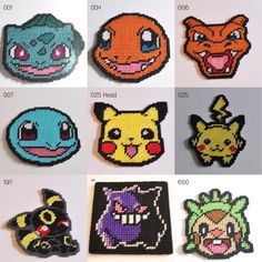 several different types of pixelated pokemon brooches are shown in this image, each with their own character