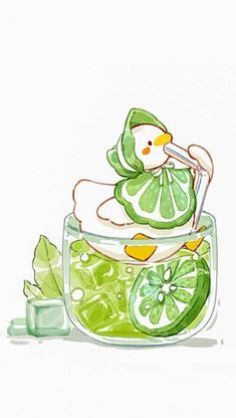 a drawing of a lemon and lime drink in a glass with ice cubes on the side