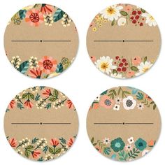 four coasters with flowers on them and one has a name tag in the middle