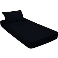 a bed with black sheets and pillows is shown on a white background in this image