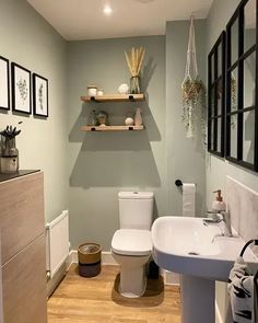 a white toilet sitting in a bathroom next to a sink and wooden shelves on the wall