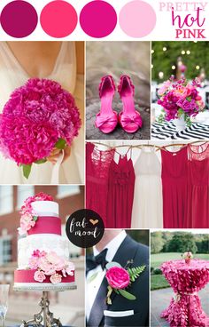 pink and red wedding color scheme with bride's shoes, dress, bouquet, cake