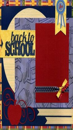 the back to school scrapbook cover has an apple and ribbon on it's corner