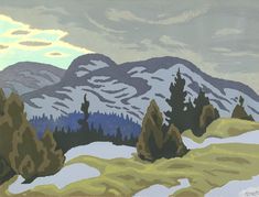 a painting of snow covered mountains and trees