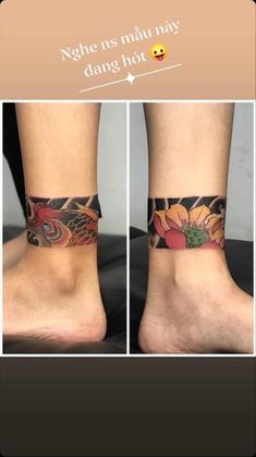 two pictures of the same person's foot with different tattoos on their ankles and feet