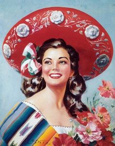 a painting of a woman wearing a red hat with flowers on it's side