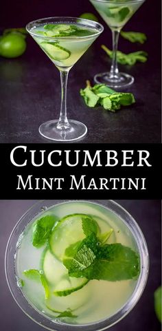 cucumber mint martini in coupe glasses with garnishes on the rim