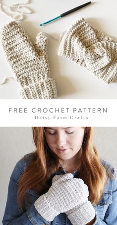 a woman in denim jacket and white knitted mitts with text overlay that says free crochet pattern daily farm crafts