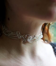 Elegant choker is made of silverplated wire. It is easily adjustable for any size with an extender chain at the back. Сompletely handmade. Handmade Fantasy Choker As Gift, Handmade Fantasy Choker For Gifts, Adjustable Fantasy Style Choker Jewelry, Fantasy Style Adjustable Choker Jewelry, Adjustable Fantasy Style Choker, Fantasy Festival Choker Jewelry, Silver Adjustable Bridal Necklace For Party, Adjustable Fantasy Jewelry For Festivals, Silver Wire Necklaces As A Gift