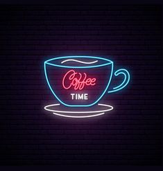 coffee time neon sign on brick wall in dark room with red and blue light coming from the cup