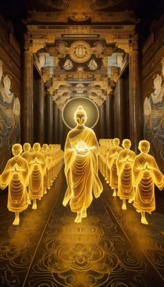 an image of buddhas in the middle of a room with gold paint on it