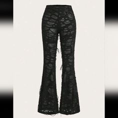 Low Waist Tight Flare Pants Large 8/10 Length 39.2 Inch Waist 42.5 Inch Hips 37.8 Inch Thigh 22.9 Inch Flare Leg, Contrast Lace, Elastic And Low Waist, Long Length, Stretchy, And Comfy. High Waist Ripped Black Pants, Black Wide Leg Ripped Bottoms, Ripped Wide Leg Black Bottoms, Black Ripped Wide Leg Bottoms, Black Ripped Wide Leg Pants, High Rise Ripped Black Pants, Black High Rise Ripped Pants, Ripped Fitted Bottoms For Fall, Fitted Black Ripped Bottoms