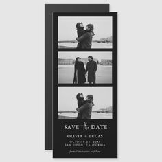 two black and white photo save the date cards with three photos on them, one is for