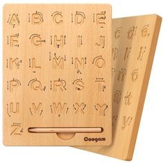 two wooden plaques with letters and numbers engraved on the front one has a clipboard attached to it