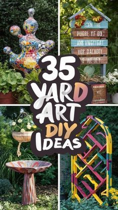 the front cover of 35 yard art diy ideas, with pictures of various garden items