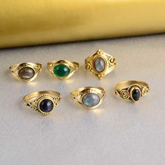 Beautiful Gemstone Rings, Minimalist Rings, Set Of 6 Rings, Green Onyx Ring, Labradorite Ring, Christmas Gifts For Her, Cyber Sale.  ♥ DETAILS ♥ *Materials: Brass *Size: All sizes are available. ♥ DELIVERY ♥ *IMPORTANT: Before placing an order, please double check your delivery address is correct and complete to avoid delays and lost packages. *You can return your purchased item within 15 days after successful delivery. *We offer a 100% "Money Back Guarantee" if you are not satisfied with your purchase. MORE RINGS: https://www.etsy.com/in-en/shop/JewelryIndiaArt Thank you for visiting our shop! If you have any questions, please do not hesitate to send us a message.     JewelryIndiaArt Rings Green, Rings Minimalist, Gold Gemstone Ring, 6 Rings, Labradorite Ring, Rings Set, Onyx Ring, Green Onyx, Girly Jewelry