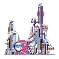 an illustration of a city with lots of pipes and buildings in the middle of it