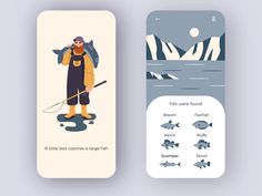 two playing cards with illustrations of fishermans and fish in the water, one is holding a fishing rod