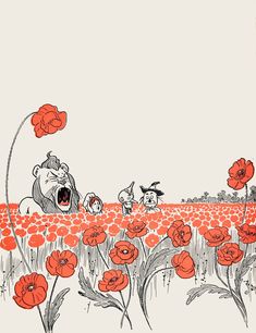 an image of winnie the pooh and her friends in a field of poppies