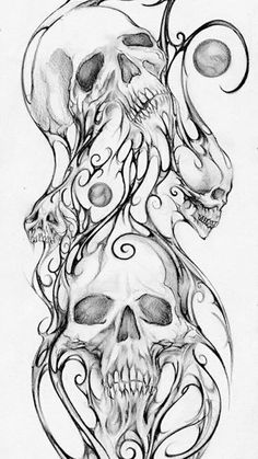 a drawing of two skulls with swirls on them