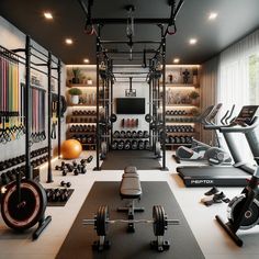 a home gym with various exercise equipment in the room and on the wall behind it