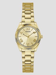 Gold-tone analog watch Fluted bezel Roman numeral hour markers Polished stainless steel link bracelet Case diameter in mm: 30 Water resistant up to 30M/98 ft Two-year limited warranty Gold Armband, Roman Numeral, Analog Watch, Polished Stainless Steel, Roman Numerals, Steel Watch, Stainless Steel Watch, Gold Watch, Link Bracelets