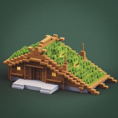 an image of a house made out of wood and grass on top of the roof