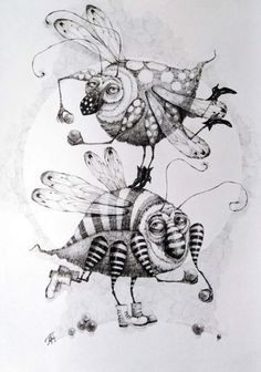 a drawing of two bees on top of each other