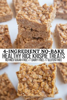 four ingredient no - bake healthy rice krispe treats are stacked on top of each other