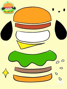 a drawing of a hamburger with green sauce and ketchup on it's side