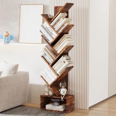 a bookshelf made out of wooden planks in the corner of a living room