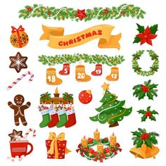 christmas decorations and items are shown on a white background, including stockings, cookies, candy canes