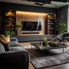 a living room filled with furniture and a flat screen tv mounted on a wall above a fireplace