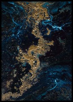 an abstract painting with blue, gold and black paint on the bottom half of it