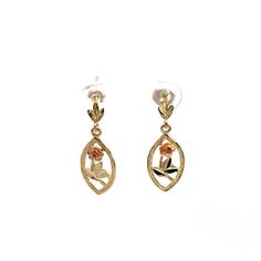 "A pair of two-tone gold earrings.  Each earring is composed of a rose gold flower at the center of each dangle.  Earrings have friction back posts. Metal Content Guaranteed 14k yellow and rose gold Weight: 1.8 grams Measurements 1 inches long (25mm) 3/8 inches wide (9mm) Markings \"14k\"" Flower Dangle Earrings, Rose Gold Flower, Red Jewelry, Gold Flower, Gold Flowers, A Rose, Pink Gold, Rose Flower, Pink And Gold