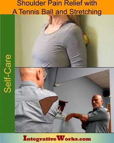 a man and woman are doing exercises in the bathroom together, with text that reads shoulder pain relief with a tennis ball and stretching